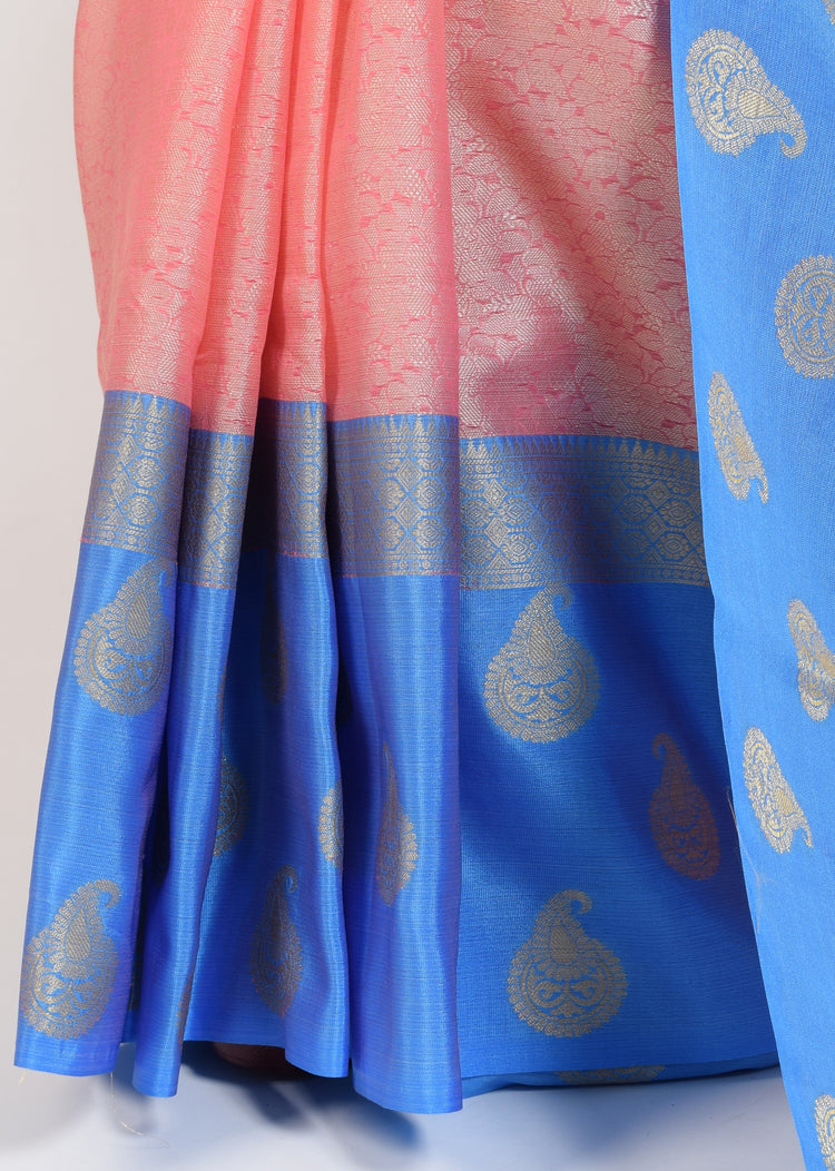 Banarasi Vastra Kora Silk Tanchoi Saree Resham Body Zari Woven Skirt Border Pink