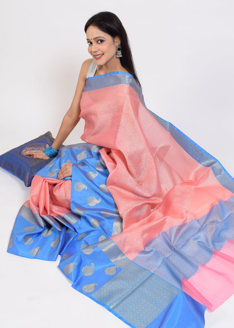Banarasi Vastra Kora Silk Tanchoi Saree Resham Body Zari Woven Skirt Border Pink