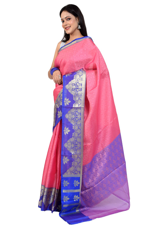 Banarasi Vastra Kora Silk Resham Tanchoi Saree & Zari Woven Skirt Border Pink