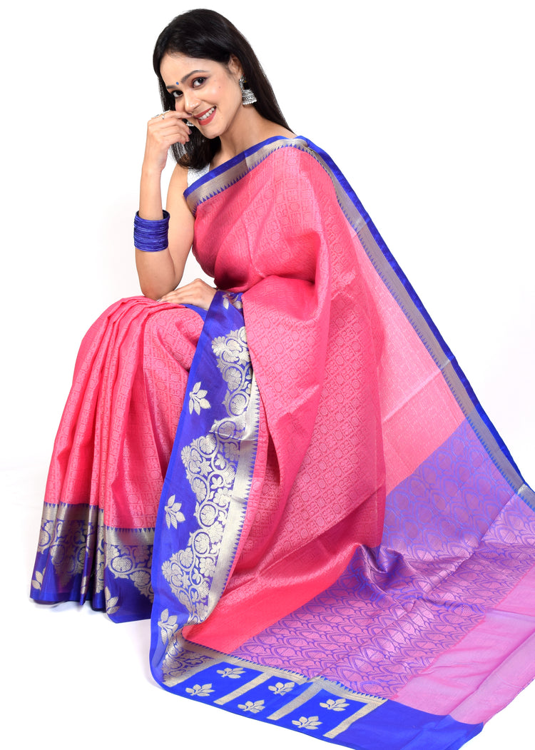 Banarasi Vastra Kora Silk Resham Tanchoi Saree & Zari Woven Skirt Border Pink