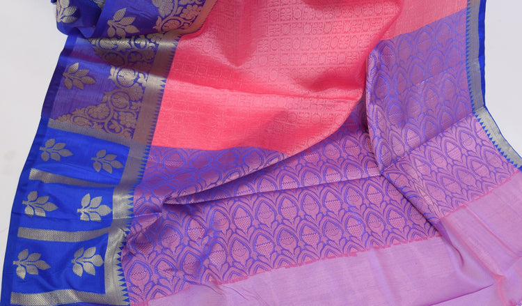 Banarasi Vastra Kora Silk Resham Tanchoi Saree & Zari Woven Skirt Border Pink