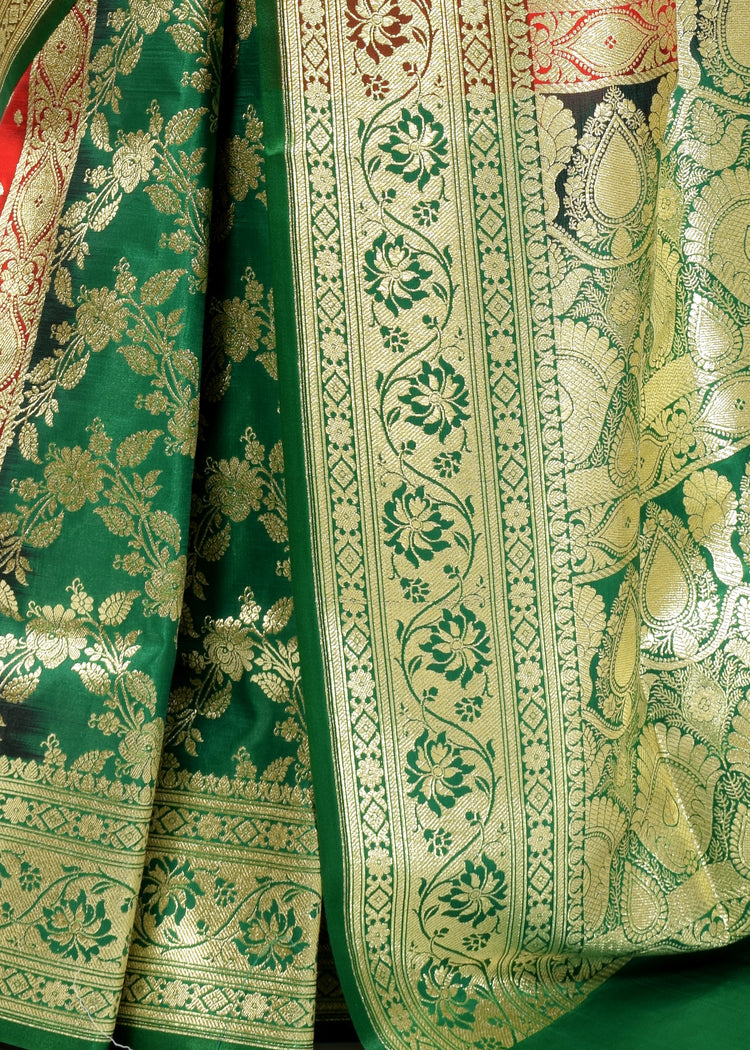 Banarasi Vastra Satin Silk Woven Zari Brocade Heavy Saree Red & Green