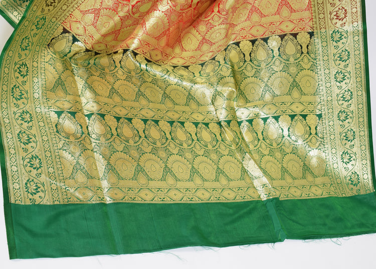 Banarasi Vastra Satin Silk Woven Zari Brocade Heavy Saree Red & Green