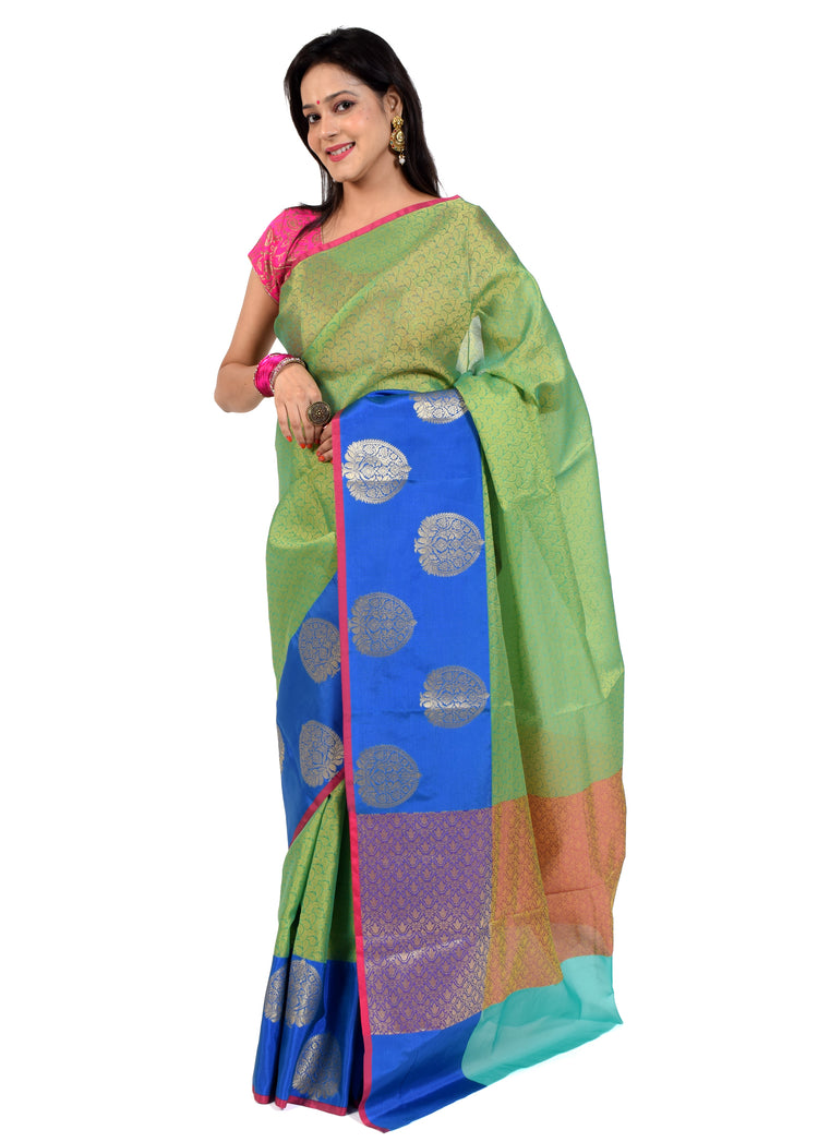 Banarasi Vastra Kora Silk Resham Tanchoi Saree & Zari Woven Skirt Border Green