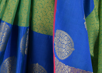 Banarasi Vastra Kora Silk Resham Tanchoi Saree & Zari Woven Skirt Border Green