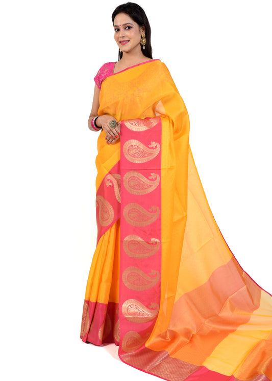 Banarasi Vastra Kora Silk Tanchoi Saree Zari & Resham Woven Skirt Border Yellow