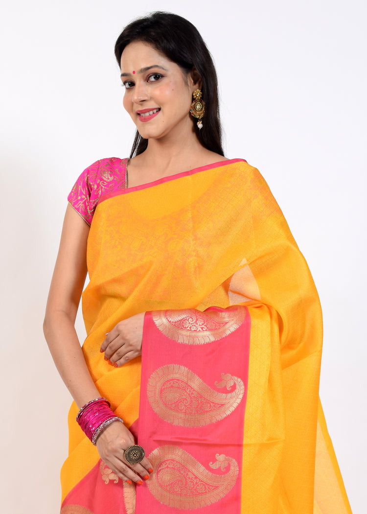 Banarasi Vastra Kora Silk Tanchoi Saree Zari & Resham Woven Skirt Border Yellow