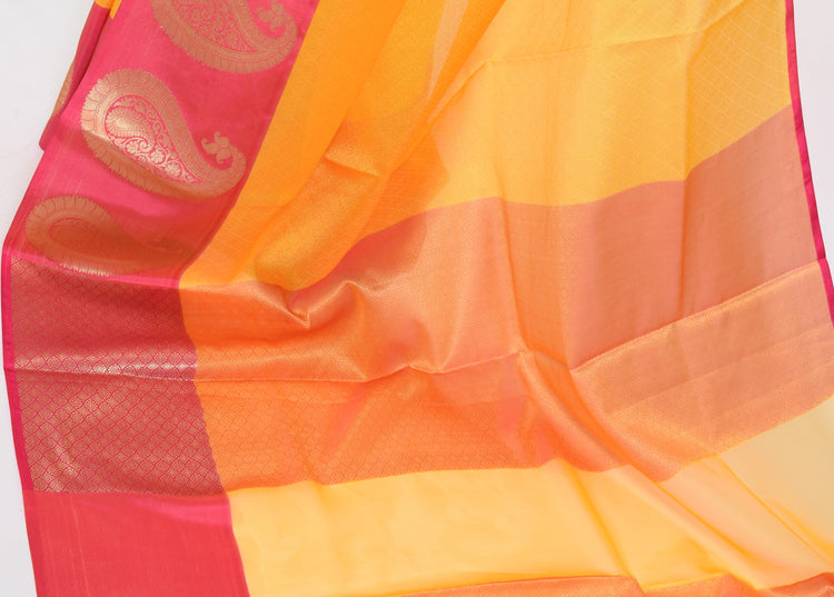 Banarasi Vastra Kora Silk Tanchoi Saree Zari & Resham Woven Skirt Border Yellow