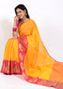 Banarasi Vastra Kora Silk Tanchoi Saree Zari & Resham Woven Skirt Border Yellow