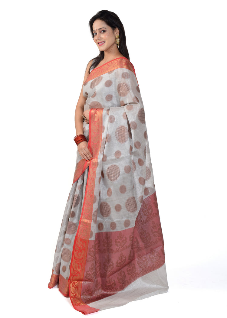 Banarasi Vastra Tissue Silk Baswada Saree with Copper Zari Woven Silver Gray