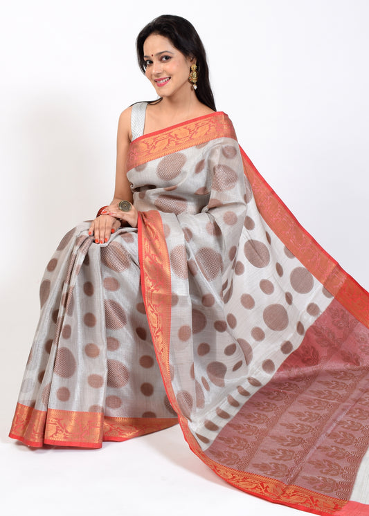 Banarasi Vastra Tissue Silk Baswada Saree with Copper Zari Woven Silver Gray