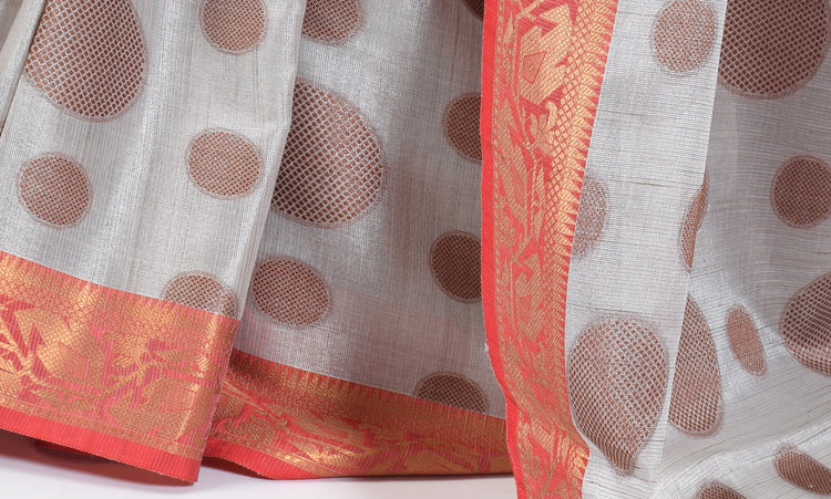 Banarasi Vastra Tissue Silk Baswada Saree with Copper Zari Woven Silver Gray