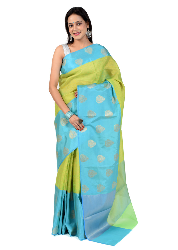 Banarasi Vastra Kora Silk Tanchoi Saree Zari & Resham Woven Skirt Border Green