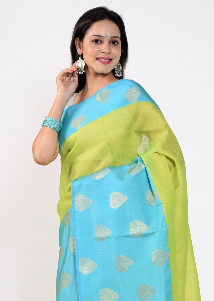 Banarasi Vastra Kora Silk Tanchoi Saree Zari & Resham Woven Skirt Border Green