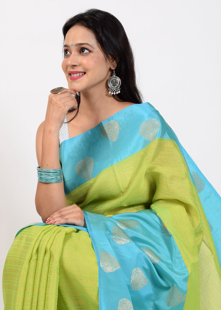 Banarasi Vastra Kora Silk Tanchoi Saree Zari & Resham Woven Skirt Border Green