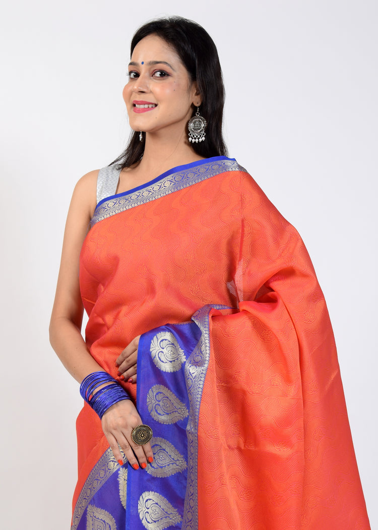 Banarasi Vastra Kora Silk Tanchoi Saree Resham Body Zari Woven Skirt Border Rust