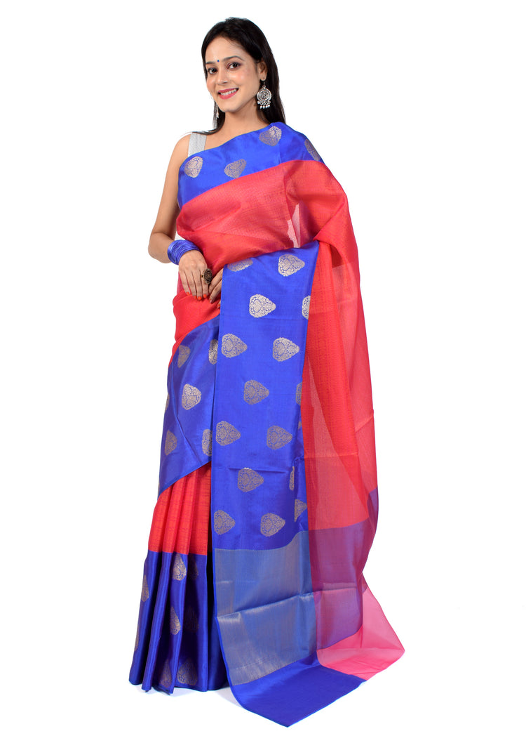 Banarasi Vastra Kora Silk Tanchoi Saree Zari & Resham Woven Skirt Border Pink