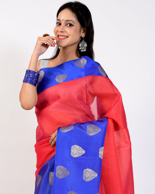 Banarasi Vastra Kora Silk Tanchoi Saree Zari & Resham Woven Skirt Border Pink