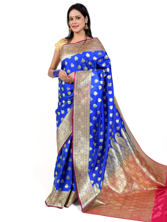 Banarasi Vastra Satin Silk Woven Zari Brocade Heavy Banarasi Saree Blue