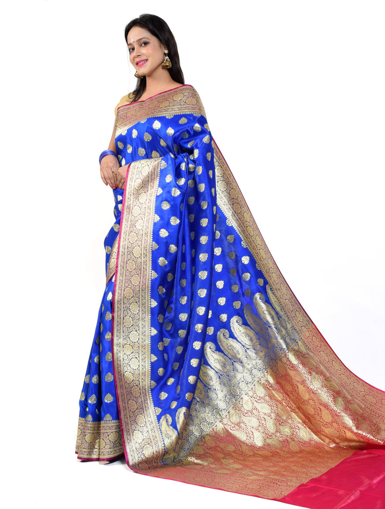 Banarasi Vastra Satin Silk Woven Zari Brocade Heavy Banarasi Saree Blue