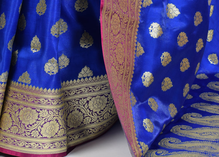 Banarasi Vastra Satin Silk Woven Zari Brocade Heavy Banarasi Saree Blue