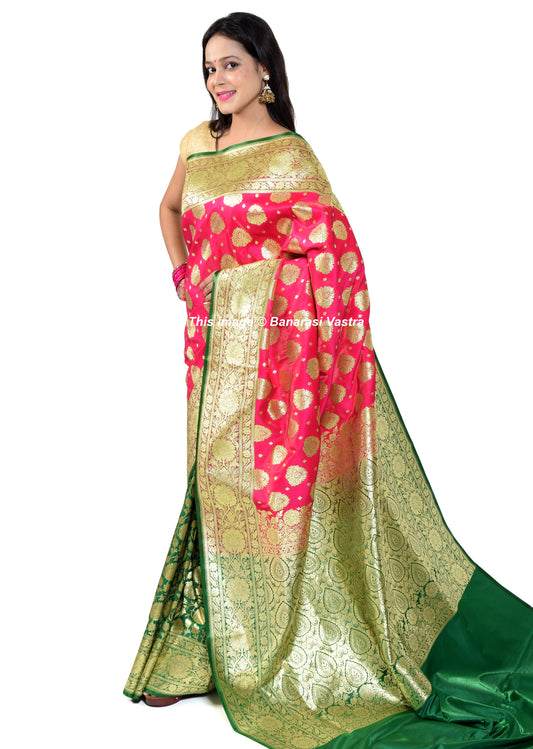 Banarasi Vastra Satin Silk Woven Zari Brocade Heavy Saree Hot Pink & Green