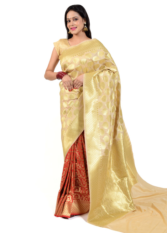 Banarasi Vastra Satin Silk Woven Zari Brocade Heavy Banarasi Saree Beige & Red