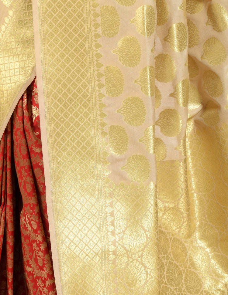 Banarasi Vastra Satin Silk Woven Zari Brocade Heavy Banarasi Saree Beige & Red