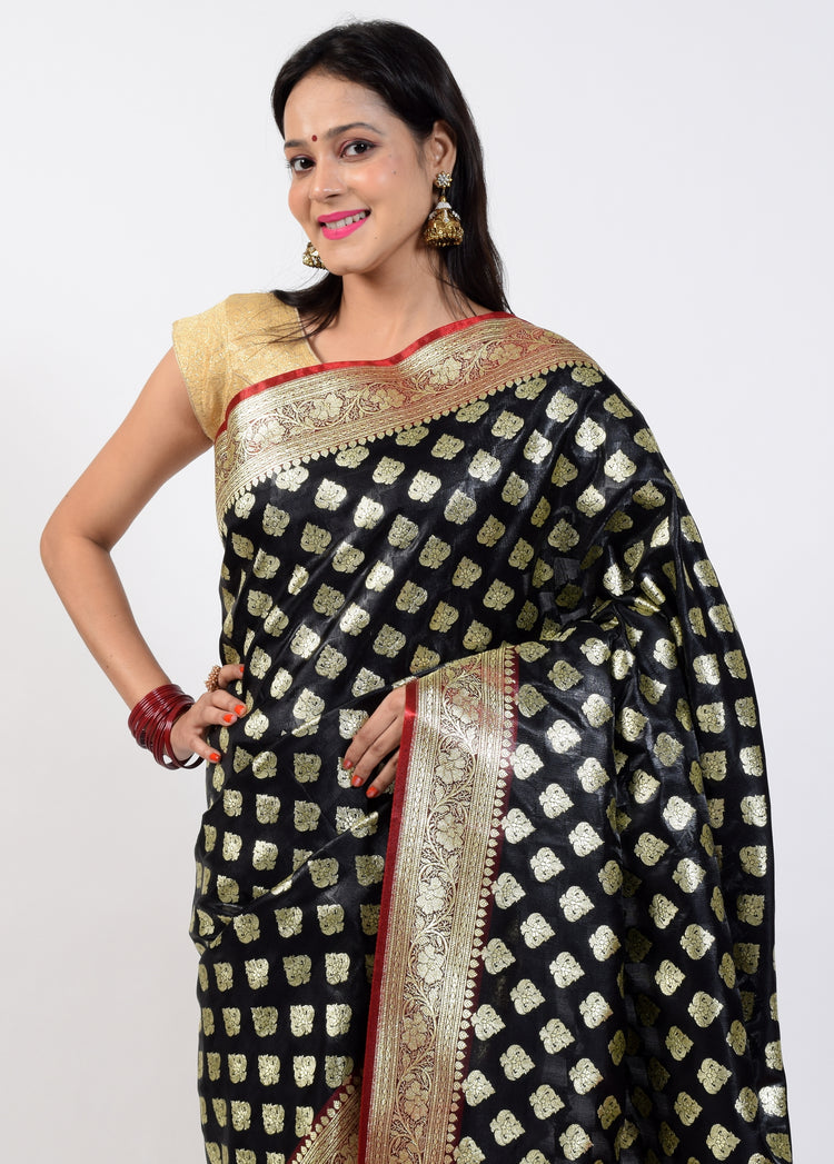 Banarasi Vastra Satin Silk Woven Zari Brocade Heavy Banarasi Saree Black & Maroo