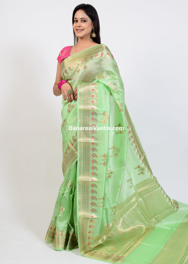 Banarasi Vastra Pure Banarasi Handloom Dupion Silk Zari Woven Saree Green