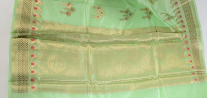 Banarasi Vastra Pure Banarasi Handloom Dupion Silk Zari Woven Saree Green