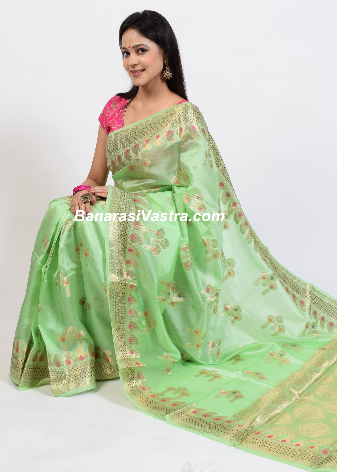 Banarasi Vastra Pure Banarasi Handloom Dupion Silk Zari Woven Saree Green