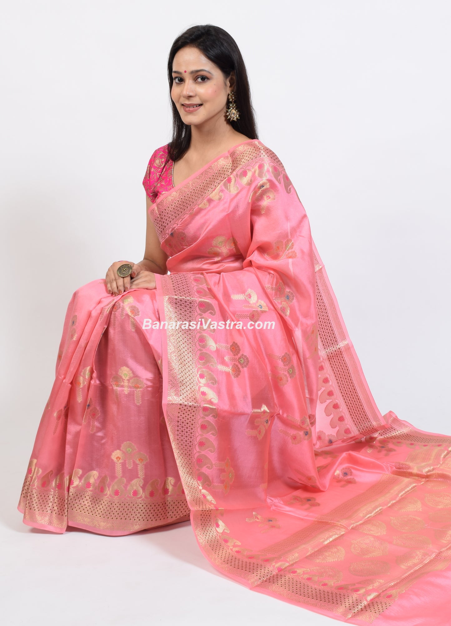 Banarasi Vastra Pure Banarasi Handloom Dupion Silk Zari Woven Saree Peach