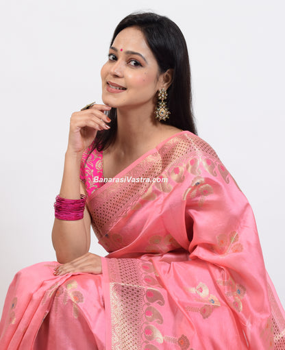 Banarasi Vastra Pure Banarasi Handloom Dupion Silk Zari Woven Saree Peach