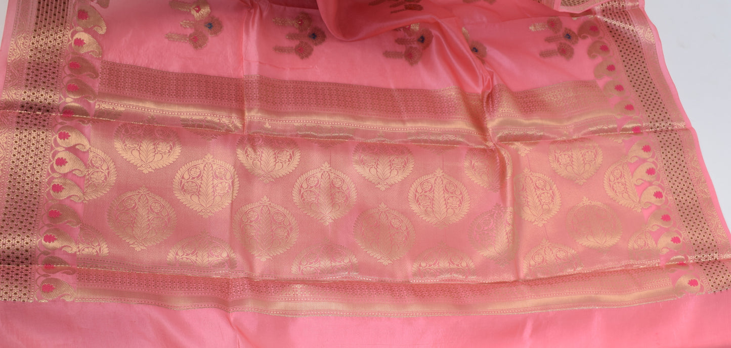 Banarasi Vastra Pure Banarasi Handloom Dupion Silk Zari Woven Saree Peach