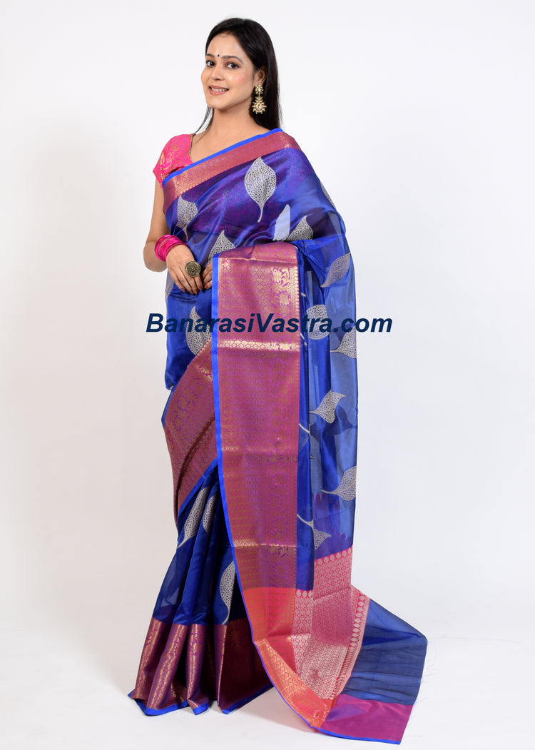 Banarasi Vastra Cotton Soft Saree With Large Leaf Buta & Floral Zari Border Blue