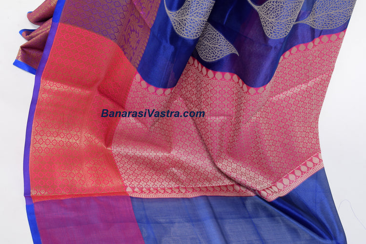 Banarasi Vastra Cotton Soft Saree With Large Leaf Buta & Floral Zari Border Blue
