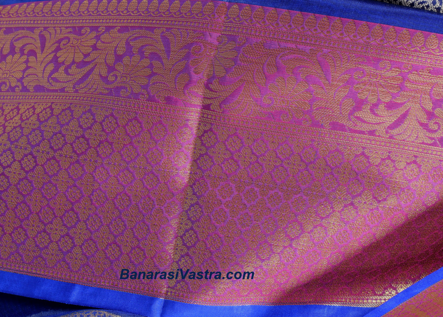 Banarasi Vastra Cotton Soft Saree With Large Leaf Buta & Floral Zari Border Blue