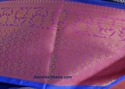 Banarasi Vastra Cotton Soft Saree With Large Leaf Buta & Floral Zari Border Blue