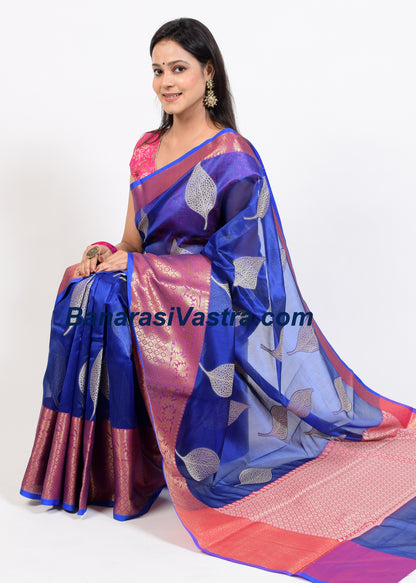 Banarasi Vastra Cotton Soft Saree With Large Leaf Buta & Floral Zari Border Blue