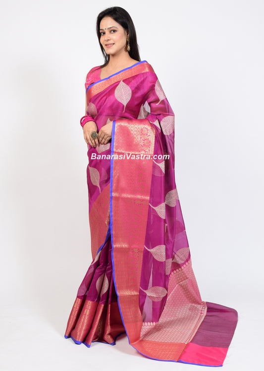 Banarasi Vastra Cotton Soft Saree With Large Leafs Buta & Floral Zari Border