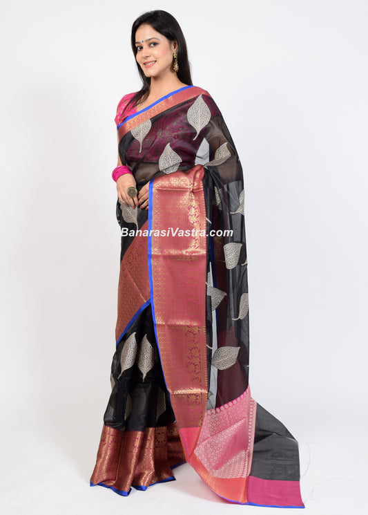 Banarasi Vastra Cotton Soft Saree With Large Leafs Buta & Floral Zari Border