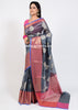 Banarasi Vastra Cotton Soft Saree With Large Leaf Buta & Floral Zari Border Gray