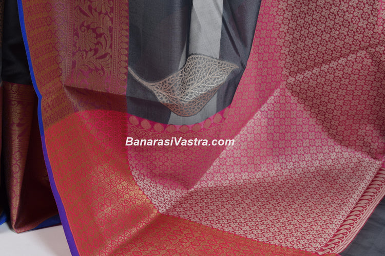 Banarasi Vastra Cotton Soft Saree With Large Leaf Buta & Floral Zari Border Gray