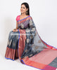 Banarasi Vastra Cotton Soft Saree With Large Leaf Buta & Floral Zari Border Gray