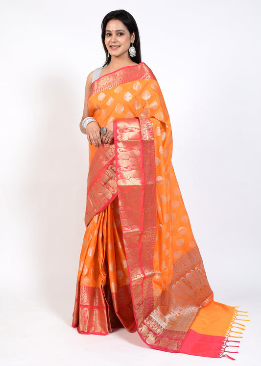 Banarasi Vastra Semi Katan Silk Woven Saree Silver Zari Buta Paisley Border