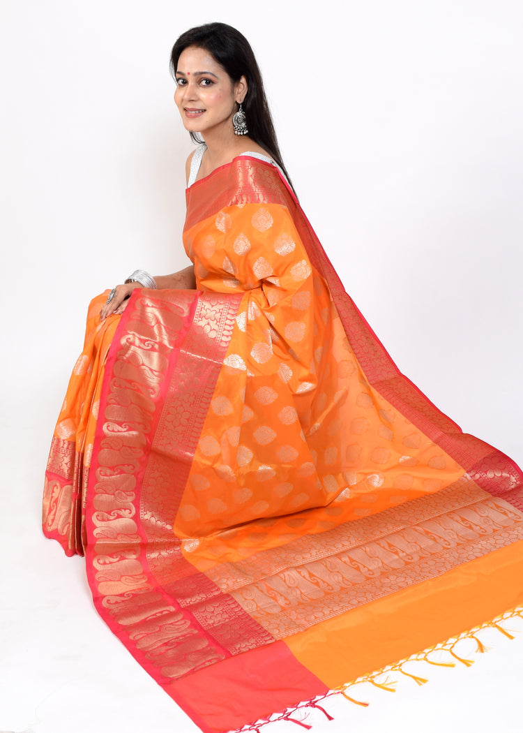 Banarasi Vastra Semi Katan Silk Woven Saree Silver Zari Buta Paisley Border