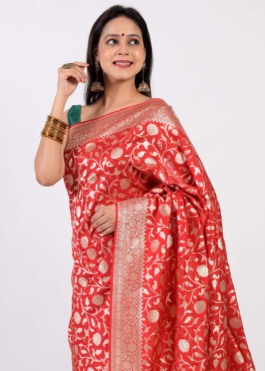 100% Pure Katan Silk Banarasi Handloom Woven Floral Zari Zaal Saree Sari Red