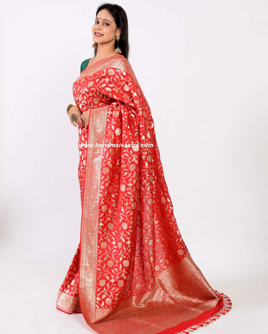 100% Pure Katan Silk Banarasi Handloom Woven Floral Zari Zaal Saree Sari Red