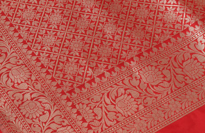 100% Pure Katan Silk Banarasi Handloom Woven Floral Zari Zaal Saree Sari Red